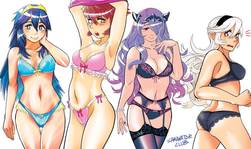 5_fingers big_breasts blue_hair blush bra bracelet breasts butt camilla clothing collarbone corrin crown female fingers fire_emblem group hair hinoka human humanoid humanoid_pointy_ears jewelry lingerie long_hair lucina mammal navel nintendo not_furry open_mouth purple_hair red_hair royalty samanator_club simple_background smile surprise teeth tiara underwear undressing video_games white_background white_hair