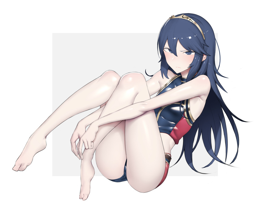 1girl alternate_costume ass bare_shoulders blue_eyes blue_hair closed_mouth crop_top error fire_emblem fire_emblem_awakening fire_emblem_cipher grey_background hair_between_eyes hair_ornament harau highres legs long_hair looking_at_viewer lucina_(fire_emblem) scowl short_shorts shorts sleeveless solo swimsuit thighs tiara two-tone_background very_long_hair white_background wrong_feet