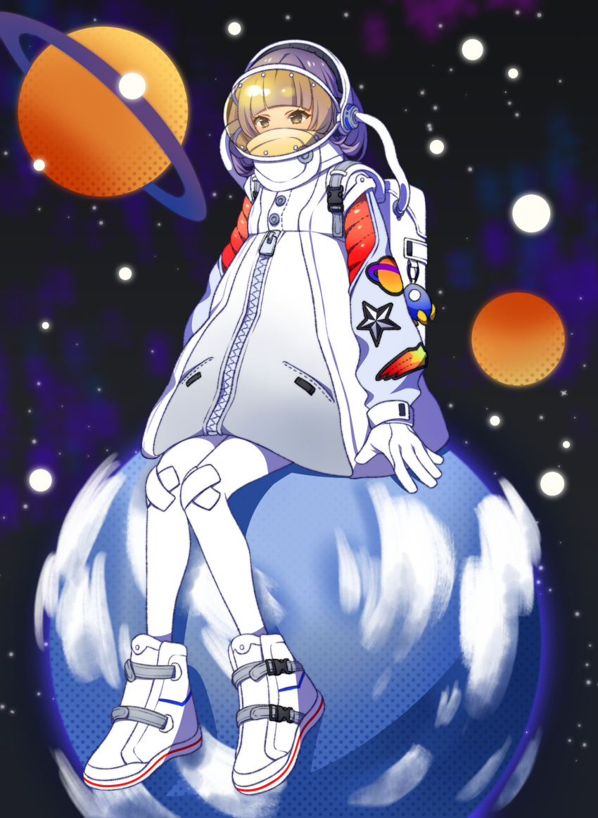 1girl absurdres backpack bag bangs blunt_bangs brown_eyes cloud covered_mouth full_body gloves headgear highres jacket looking_at_viewer original pantyhose planet saturn shoes short_hair sitting sitting_on_object solo space spacesuit star_(sky) sumino_akasuke visor white_footwear white_gloves white_legwear