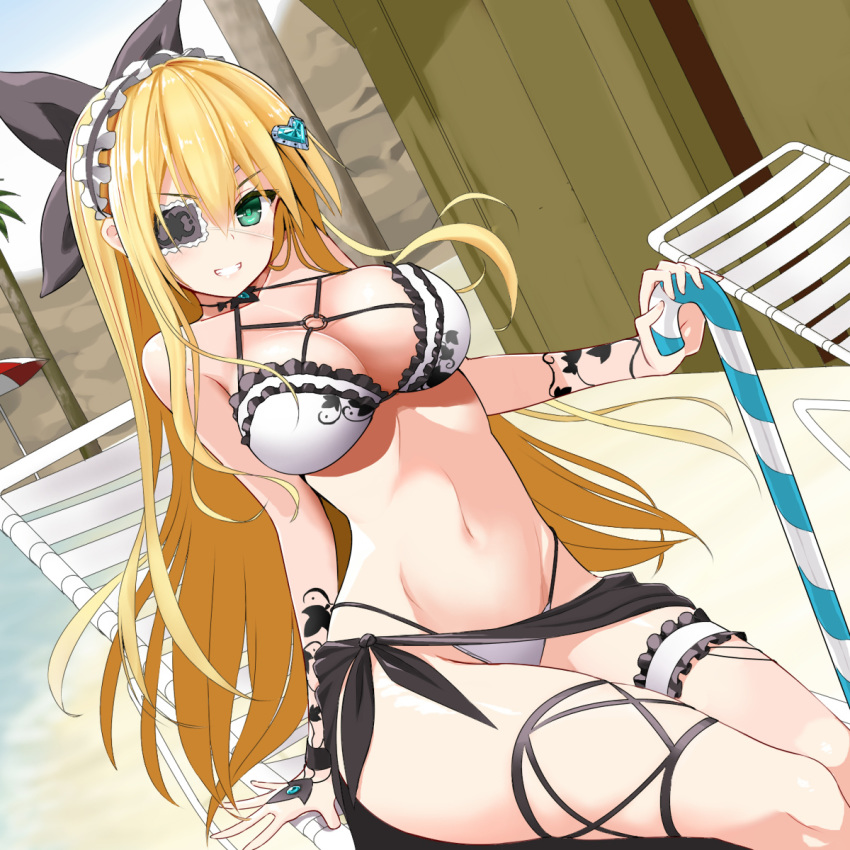 1girl bikini black_bow blonde_hair bow breasts candy candy_cane chair cleavage cowboy_shot dutch_angle eyepatch flower_knight_girl food green_eyes grin hair_bow hair_ornament hairband hairclip heart heart_hair_ornament highres ivy_(flower_knight_girl) kuronaga large_breasts long_hair looking_at_viewer lounge_chair navel print_eyepatch sitting smile solo swimsuit thighlet white_bikini