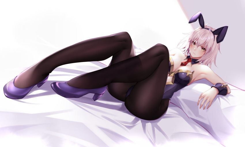 animal_ears bed blush bodysuit breasts bunny_ears cleavage cropped fate/grand_order fate_(series) fifty1202 headband jeanne_d'arc_(fate) jeanne_d'arc_alter pantyhose short_hair tie white_hair wristwear yellow_eyes