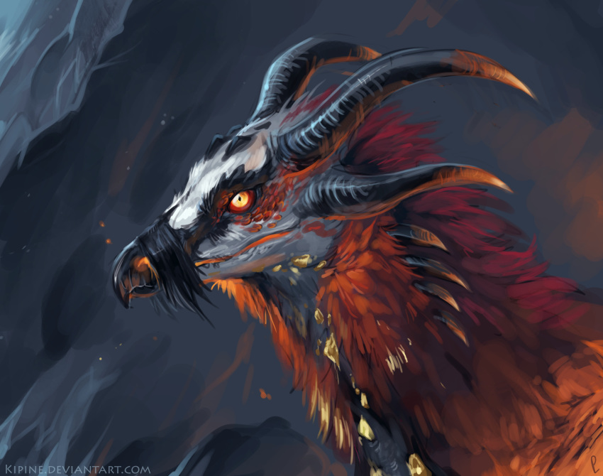 2013 accipitrid accipitriform ambiguous_gender avian beak bearded_vulture bird bust_portrait dragon feathered_dragon feathers fire hi_res horn kipine mane old_world_vulture portrait rock scales tuft vulture