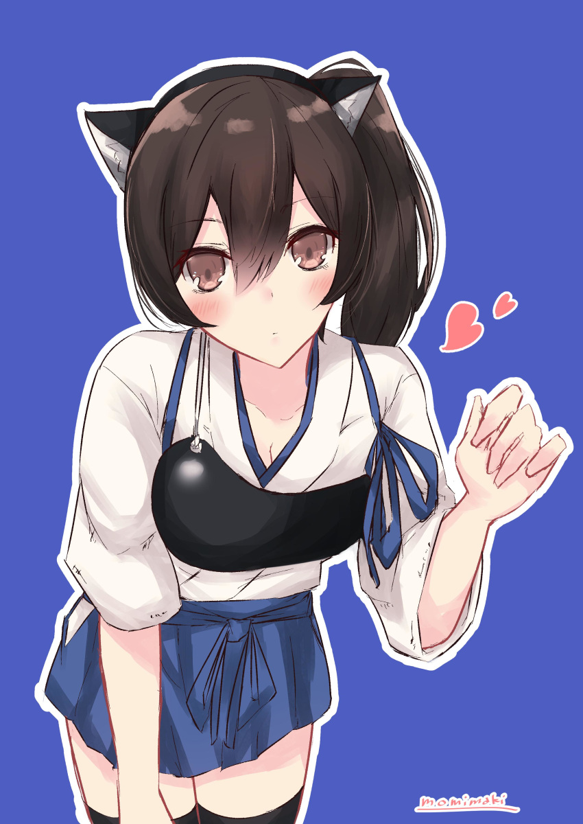 1girl absurdres animal_ears black_legwear blue_background blush brown_eyes brown_hair cat_ears claw_pose cowboy_shot fake_animal_ears heart highres japanese_clothes kaga_(kantai_collection) kantai_collection long_hair momiji_(103) muneate side_ponytail simple_background solo tasuki thighhighs twitter_username