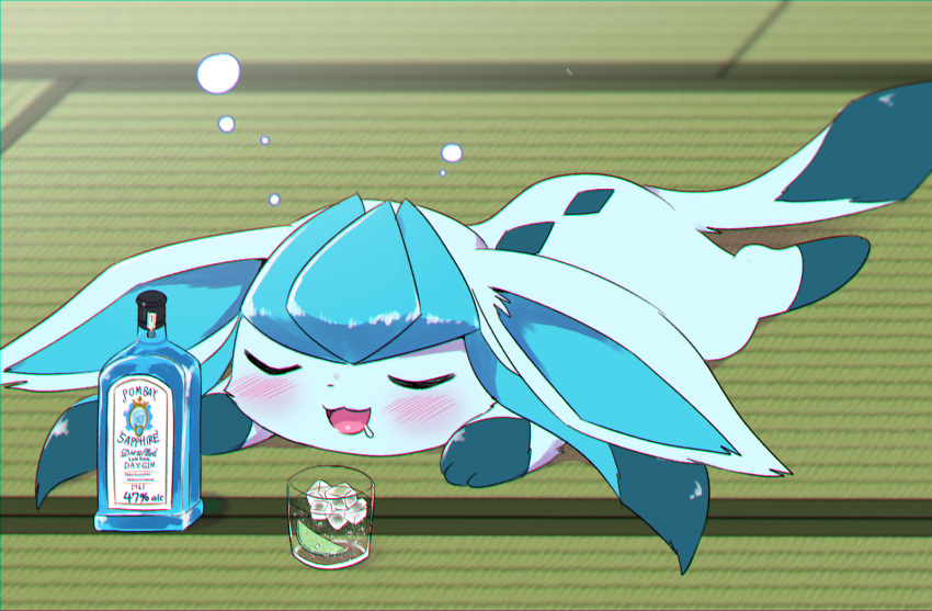 :3 alcohol blush bottle bubble chromatic_aberration closed_eyes cup drink drinking_glass drooling drunk english_text food fruit full_body gen_4_pokemon glaceon happy highres ice ice_cube kemoribon lime_(fruit) lime_slice lying no_humans on_stomach open_mouth paws pokemon pokemon_(creature) saliva smile solo