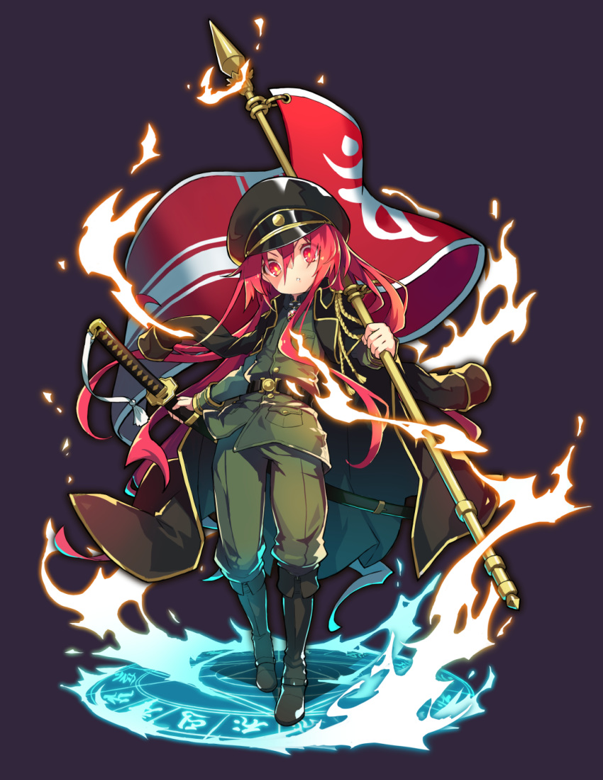 1girl bangs black_footwear black_headwear black_jacket boots commentary_request eyebrows_behind_hair flag full_body green_jacket green_pants hair_between_eyes hat head_tilt highres holding holding_flag holding_sheath jacket jacket_on_shoulders katana knee_boots long_hair looking_at_viewer magic_circle military military_hat military_uniform pants parted_lips peaked_cap red_eyes red_hair roke shakugan_no_shana shana sheath sheathed solo standing sword uniform v-shaped_eyebrows very_long_hair weapon