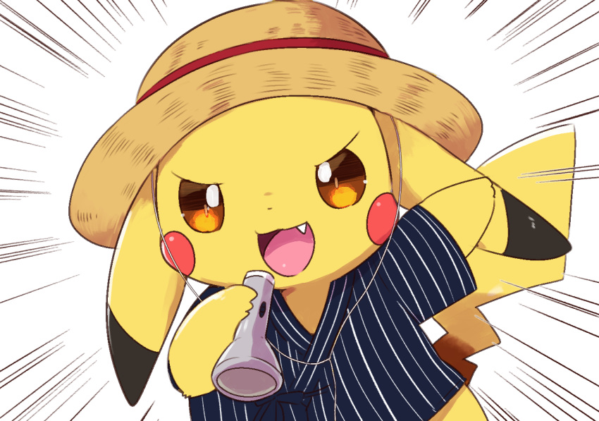 :3 arm_up blue_shirt blush_stickers brown_headwear clothed_pokemon emphasis_lines fang gen_1_pokemon hand_up happy hat holding japanese_clothes kemoribon looking_at_viewer no_humans open_mouth orange_eyes pikachu pokemon pokemon_(creature) shirt short_sleeves simple_background smile solo standing straw_hat striped striped_shirt upper_body white_background