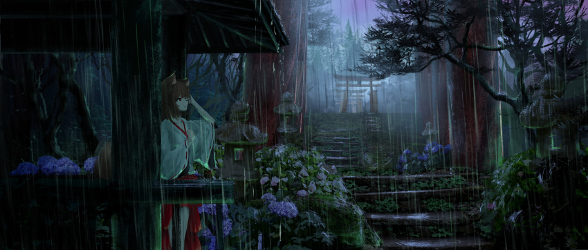 1girl animal_ears architecture blue_flower building cloud cloudy_sky east_asian_architecture flower fox_ears fox_girl fox_tail hakama highres hydrangea japanese_clothes miko moni_chon multiple_torii original orignal outdoors rain red_eyes red_hakama ribbon-trimmed_sleeves ribbon_trim scenery sky solo stairs standing tail torii tree wide_sleeves