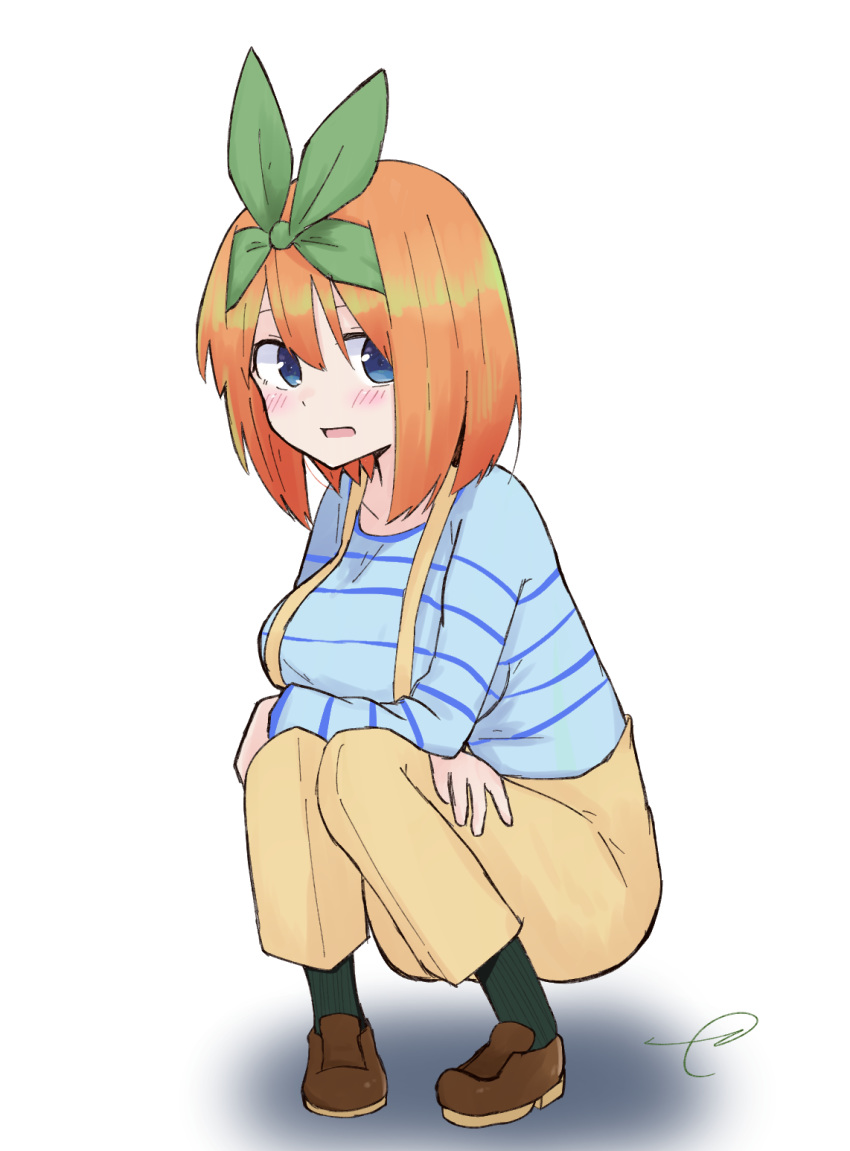 1girl bangs blue_eyes blue_shirt blush breasts brown_footwear brown_pants eyebrows_behind_hair full_body go-toubun_no_hanayome green_legwear green_ribbon hair_between_eyes hair_ribbon highres kujou_karasuma large_breasts loafers looking_at_viewer nakano_yotsuba open_mouth orange_hair pants pigeon-toed ribbed_legwear ribbon shadow shirt shoes signature solo squatting striped striped_shirt suspenders white_background