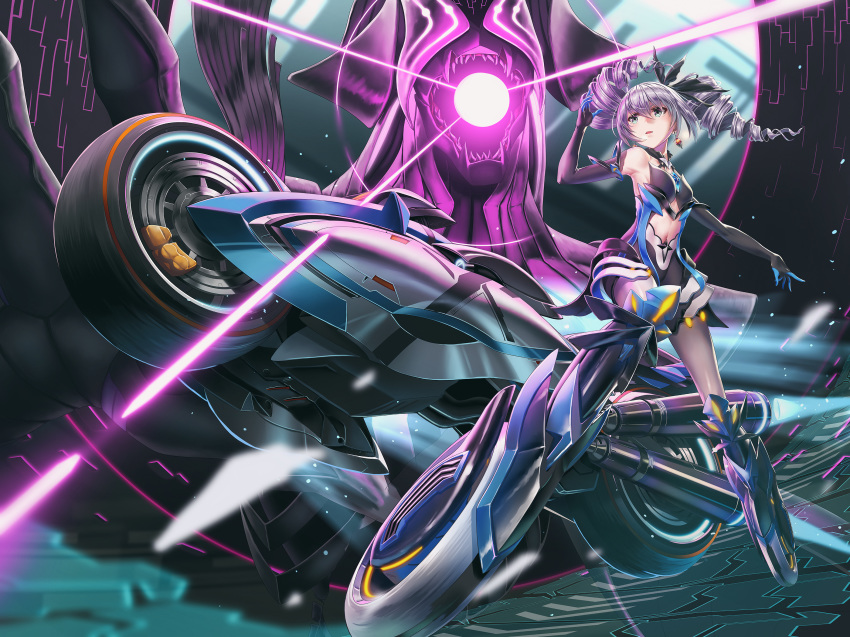 1girl bangs black_gloves breasts bronya_zaychik bronya_zaychik_(herrscher_of_reason) center_opening charging crossed_bangs dress drill_hair earrings elbow_gloves gloves gotointhepark grey_legwear hair_ornament highres honkai_(series) honkai_impact_3rd jewelry layered_dress long_hair mechanical_parts project_bunny quad_drills silver_hair skating small_breasts thighhighs twin_drills