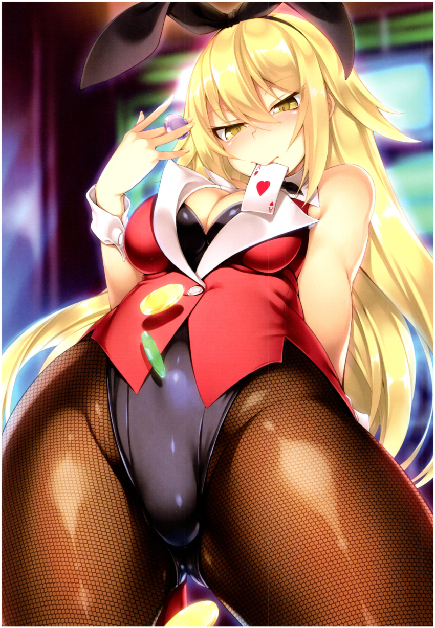 absurdres animal_ears blonde_hair breasts bunny_ears bunnysuit card cleavage highres ichijou_hitoshi medium_breasts original pantyhose yellow_eyes