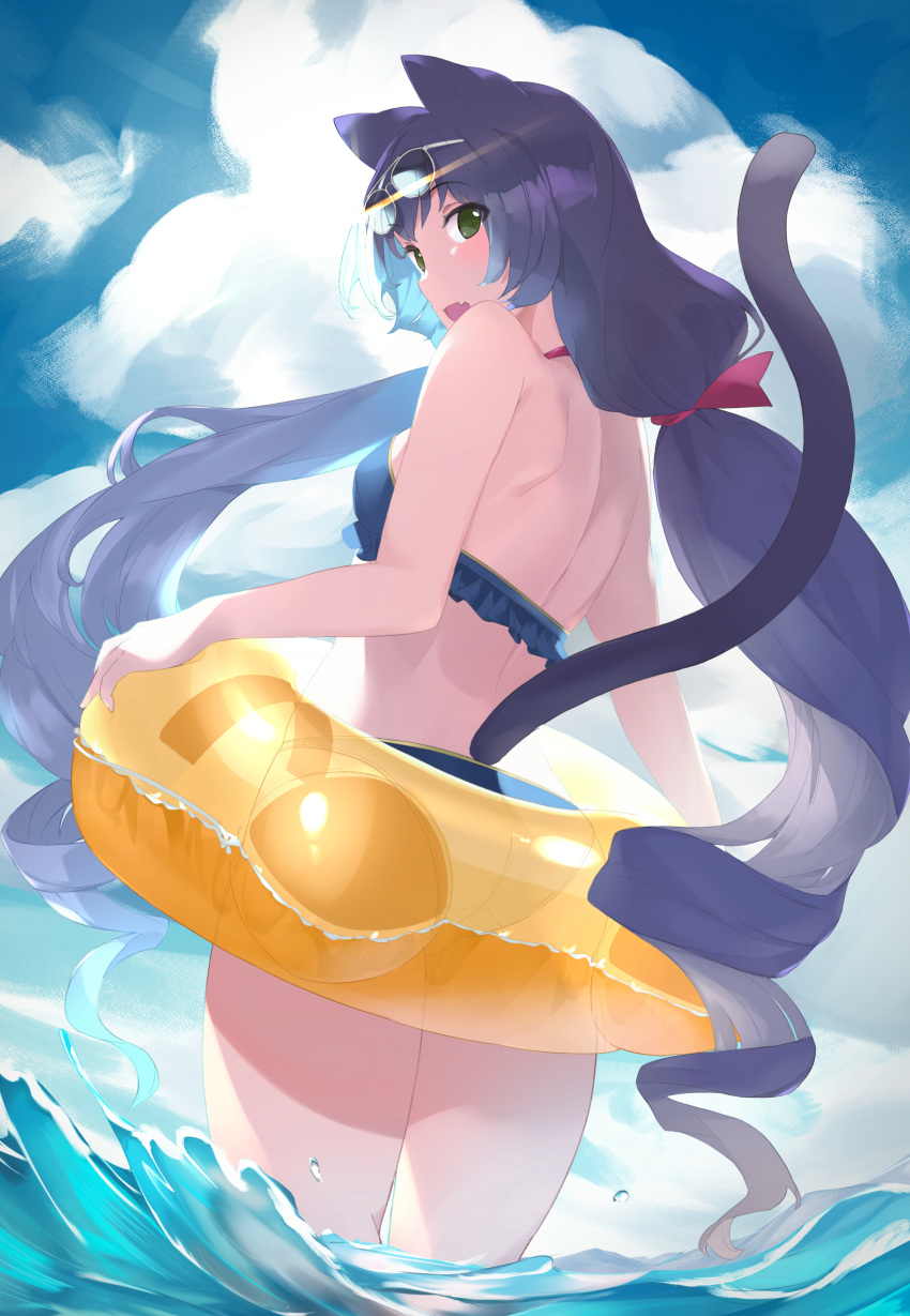 1girl absurdres animal_ears ass back bangs bikini black_hair blue_bikini blue_sky blush breasts cat_ears cat_tail cloud commentary_request day eyebrows_visible_through_hair eyewear_on_head fang frilled_bikini_top from_behind green_eyes hair_ribbon highres innertube kyaru_(princess_connect) long_hair low_twintails medium_breasts open_mouth outdoors princess_connect! princess_connect!_re:dive purple_ribbon ribbon skin_fang sky solo standing sunglasses swimsuit tail transparent twintails u-st_(uweiter) very_long_hair wading water water_drop