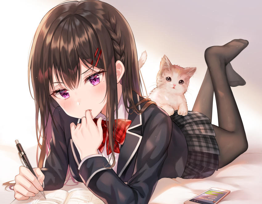 animal bow brown_hair cat cropped original purple_eyes school_uniform tokkyu_(user_mwwe3558)