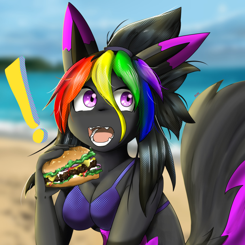 1:1 2019 alternate_color anthro beach big_breasts bikini breasts burger clothed clothing digital_media_(artwork) fan_character fangs female food fur hair hi_res looking_at_viewer mammal open_mouth outside raven_eevee raveneevee seaside simple_background solo swimwear teeth water