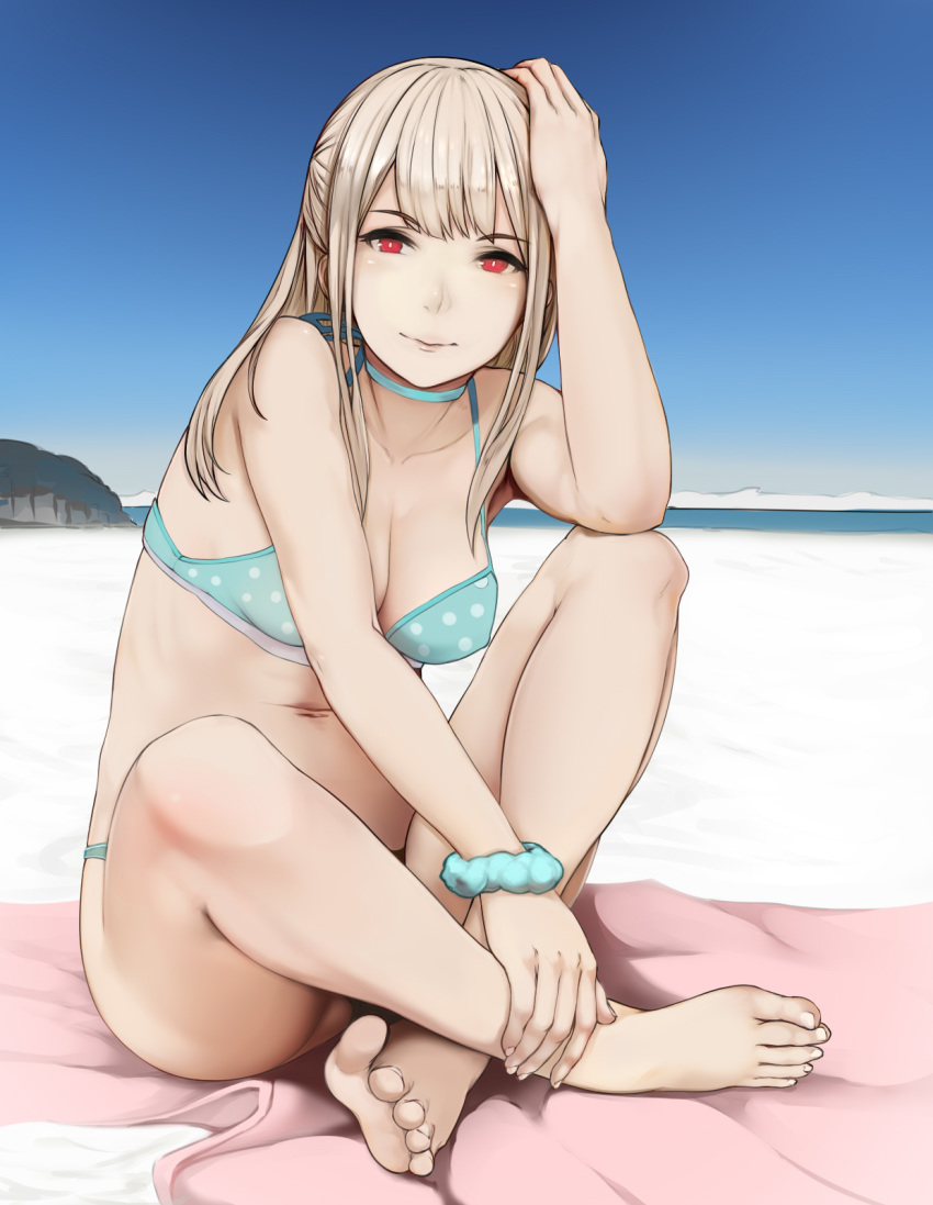 1girl aqua_choker bangs bare_arms bare_legs bare_shoulders barefoot beach bikini blue_sky breasts choker cleavage collarbone commentary_request day eyebrows_visible_through_hair fingernails full_body ginji74 green_bikini green_choker half_updo halter_top halterneck hand_on_own_head hand_up highres long_hair looking_at_viewer medium_breasts navel original outdoors polka_dot polka_dot_bikini red_eyes sidelocks sky solo stomach swimsuit toenails water