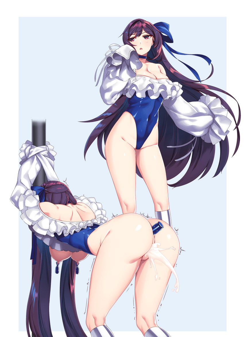 1girl absurdres anal anal_object_insertion ass back bangs blue_background blue_ribbon bound bound_arms breasts choker cleavage cosplay covered_navel cum cumdrip fate/grand_order fate_(series) female_admiral_(kantai_collection) frills groin hair_ribbon hiememiko highleg highleg_leotard highres kantai_collection leotard long_hair meltryllis meltryllis_(swimsuit_lancer)_(fate) meltryllis_(swimsuit_lancer)_(fate)_(cosplay) nipple_piercing nipples object_insertion open_mouth piercing purple_eyes purple_hair ribbon simple_background sleeves_past_wrists trembling very_long_hair