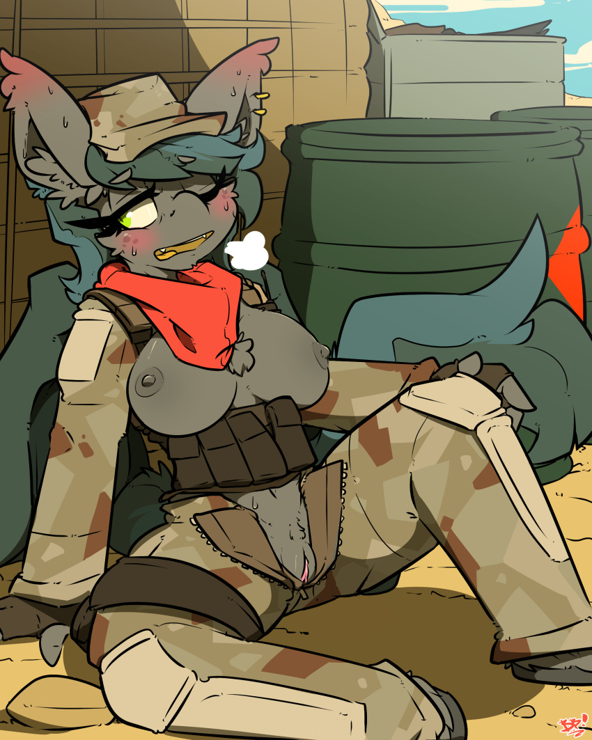 absurd_res anthro bat_pony bbsartboutique blush bodily_fluids breasts camo clothed clothing equid equine erect_nipples exposed_breasts fan_character female heat_(temperature) hi_res mammal military my_little_pony nipples notde_(oc) nude open_shirt overheated pubes pussy soldier solo sweat unzipped_pants