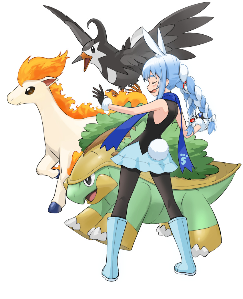 1girl :d animal_ears black_gloves black_legwear black_shirt blue_footwear blue_scarf blue_skirt blush boots braid closed_eyes commentary_request cosplay dawn_(pokemon) dawn_(pokemon)_(cosplay) full_body gloves gotou_(nekocat) grotle highres holding holding_poke_ball hololive miniskirt open_mouth pantyhose poke_ball poke_ball_hair_ornament pokemon pokemon_(creature) ponyta profile rabbit_ears rabbit_girl rabbit_tail scarf shirt short_eyebrows skirt smile standing staravia tail thick_eyebrows twin_braids twintails usada_pekora virtual_youtuber