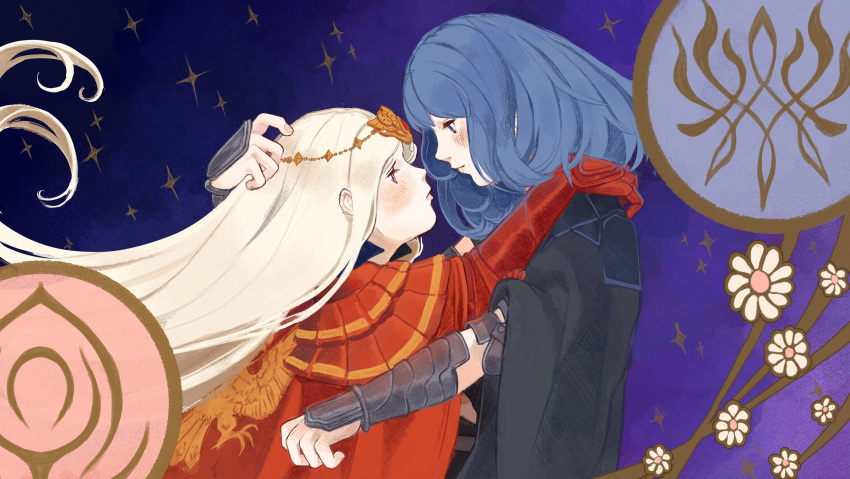 2girls absurdres arm_guards blue_background blue_hair blush byleth_(fire_emblem) byleth_(fire_emblem)_(female) cluniies edelgard_von_hresvelg eye_contact fire_emblem fire_emblem:_three_houses flower gauntlets gloves highres hug long_hair looking_at_another medium_hair miko_embrace multiple_girls parody red_gloves silver_hair star tiara upper_body very_long_hair yuri