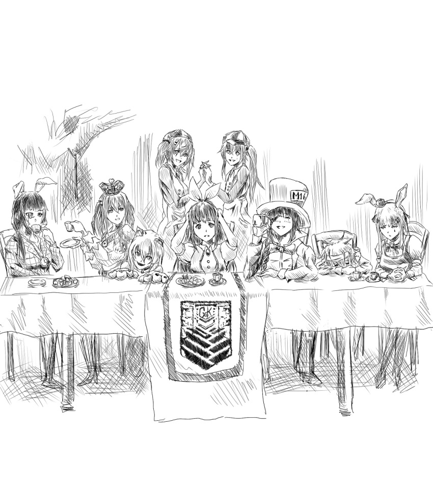 404_(girls_frontline) 6+girls alice_(wonderland) alice_(wonderland)_(cosplay) alice_in_wonderland animal_ears anti-rain_(girls_frontline) bunny_ears cat_ears cheshire_cat cheshire_cat_(cosplay) chika_(keiin) closed_eyes commentary_request cosplay crown eyepatch g11_(girls_frontline) girls_frontline grifon&amp;kryuger hat highres hk416_(girls_frontline) m16a1_(girls_frontline) m4_sopmod_ii_(girls_frontline) m4a1_(girls_frontline) mad_hatter mad_hatter_(cosplay) march_hare march_hare_(cosplay) multiple_girls queen_of_hearts queen_of_hearts_(cosplay) ro635_(girls_frontline) siblings sisters sketch sleeping st_ar-15_(girls_frontline) tea_party top_hat tweedledee tweedledee_(cosplay) tweedledum tweedledum_(cosplay) twins ump45_(girls_frontline) ump9_(girls_frontline) white_rabbit white_rabbit_(cosplay)