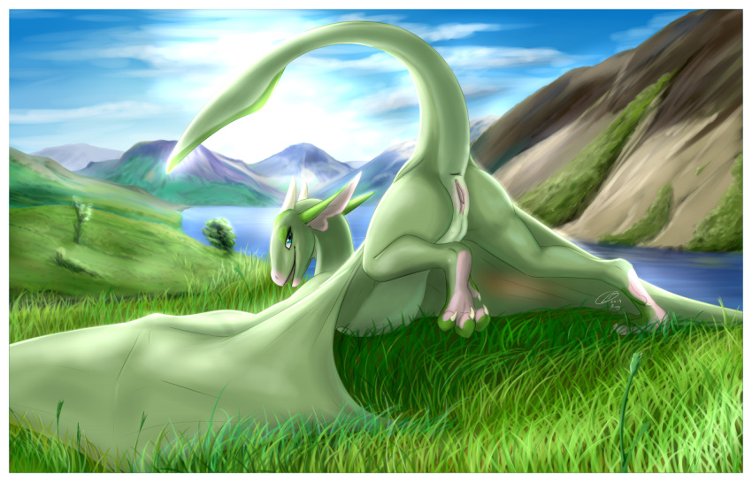 anus clb cloud detailed_background dragon female feral grass green_eyes katie_(clb) mountain outside presenting presenting_pussy pussy sky tree wyvern
