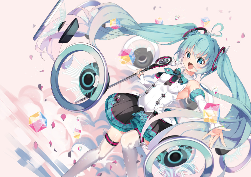 aqua_eyes aqua_hair arami_o_8 hatsune_miku magical_mirai_(vocaloid) microphone petals thighhighs twintails vocaloid