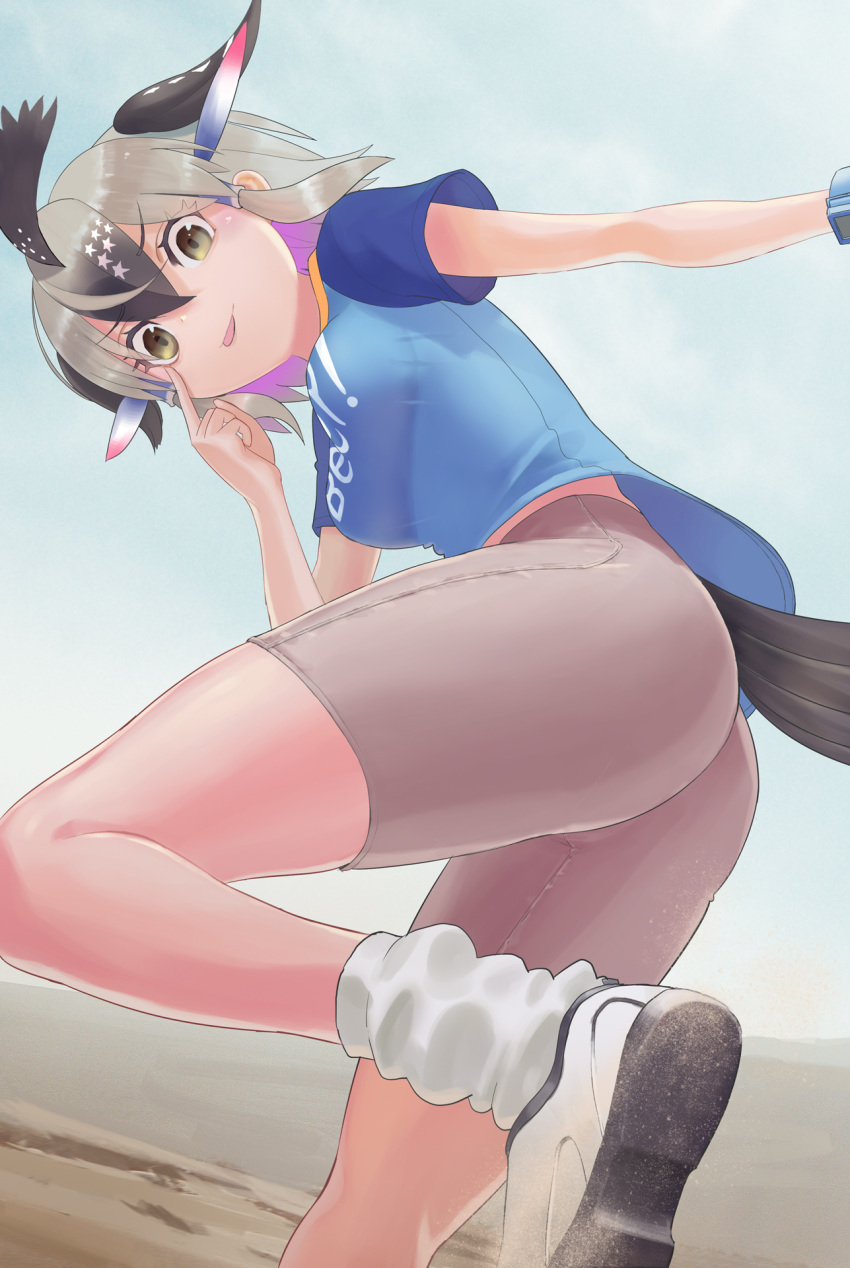 &gt;:p 1girl :p akanbe ass autism_wanderer bare_arms bird_tail black_hair breasts clothes_writing day dutch_angle eyebrows_visible_through_hair greater_roadrunner_(kemono_friends) grey_hair hair_between_eyes hair_tubes hand_up highres index_finger_raised kemono_friends leaning_forward looking_at_viewer medium_breasts medium_hair multicolored_hair outdoors outstretched_arm running sand shirt shoe_soles shoes short_sleeves shorts sidelocks smile socks solo star t-shirt tail taut_clothes taut_shirt tongue tongue_out v-shaped_eyebrows yellow_eyes