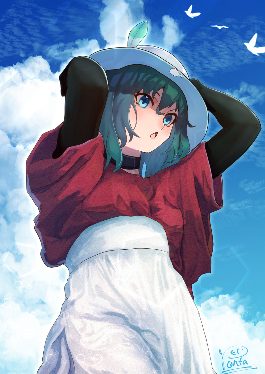 1girl absurdres bangs bird blue_eyes blue_sky choker cloud cloudy_sky feathers gloves hand_behind_head hat highres kaban_(kemono_friends) kemono_friends loose_clothes medium_hair open_mouth ponta_(matsuokazieg) shirt signature sky solo t-shirt wavy_hair