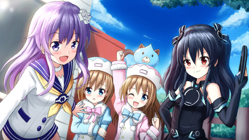 4girls :d ;d arlly_radithia arm_up bangs bare_shoulders black_dress black_gloves black_hair blue_coat blue_eyes blue_headwear blue_sky blush brown_hair choujigen_game_neptune_mk2 closed_mouth cloud commentary_request d-pad d-pad_hair_ornament day dogoo dress elbow_gloves eyebrows_visible_through_hair fence fingerless_gloves gloves hair_between_eyes hair_ornament handheld_game_console hat highres holding holding_handheld_game_console long_hair long_sleeves multiple_girls neckerchief nepgear neptune_(series) one_eye_closed open_mouth outdoors outstretched_arm parted_lips pink_coat pink_headwear purple_eyes purple_hair purple_sailor_collar ram_(neptune_series) red_eyes rom_(neptune_series) sailor_collar sailor_dress siblings sisters sky sleeveless sleeveless_dress smile twins uni_(neptune_series) very_long_hair white_dress yellow_neckwear
