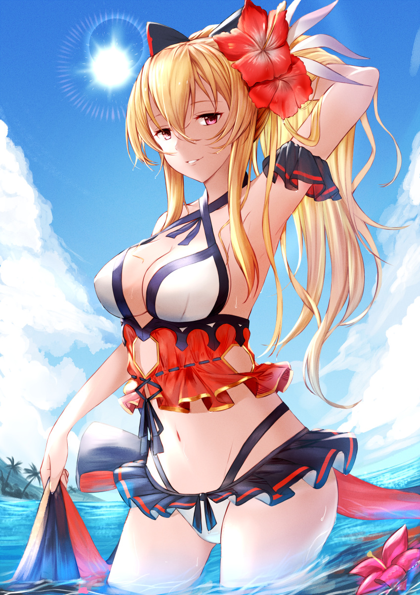 1girl absurdres arm_strap armpits bikini black_bow black_ribbon blonde_hair blue_sky bow breasts cleavage cloud covered_nipples cowboy_shot criss-cross_halter day flower frilled_bikini_bottom granblue_fantasy groin hair_between_eyes hair_bow halterneck hand_in_hair hibiscus high_ponytail highres huge_filesize large_breasts long_hair looking_at_viewer navel ocean outdoors palm_tree parted_lips pink_flower red_eyes red_hair resuta ribbon sky smile solo standing swimsuit tree very_long_hair vira_lilie wading white_bikini