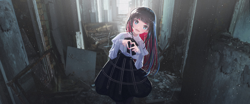 1girl :d black_hair black_skirt blue_eyes bow bowtie commentary_request cowboy_shot debris fang head_tilt heart heart-shaped_pupils heart_hands high-waist_skirt indoors light_particles long_hair long_sleeves looking_at_viewer multicolored_hair nail_polish open_mouth original red_hair ruins shirt skirt smile solo someya_mai standing symbol-shaped_pupils two-tone_hair v-shaped_eyebrows white_shirt wide_shot
