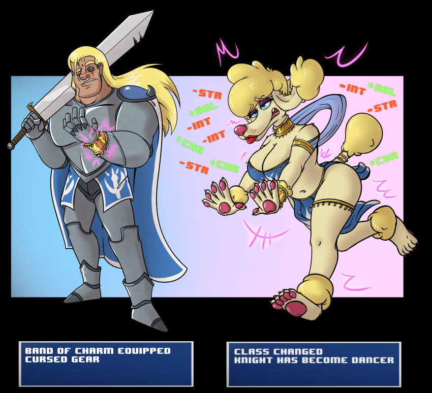 2019 absurd_res anthro armor before_and_after big_breasts blonde_hair breast_growth breasts canid canine canis circlet domestic_dog female gender_transformation gui hair hi_res human human_to_anthro knight long_hair male mammal melee_weapon mtf_transformation navel pauldron pawpads poodle royal_poodle scar simple_background solo species_transformation sword transformation weapon