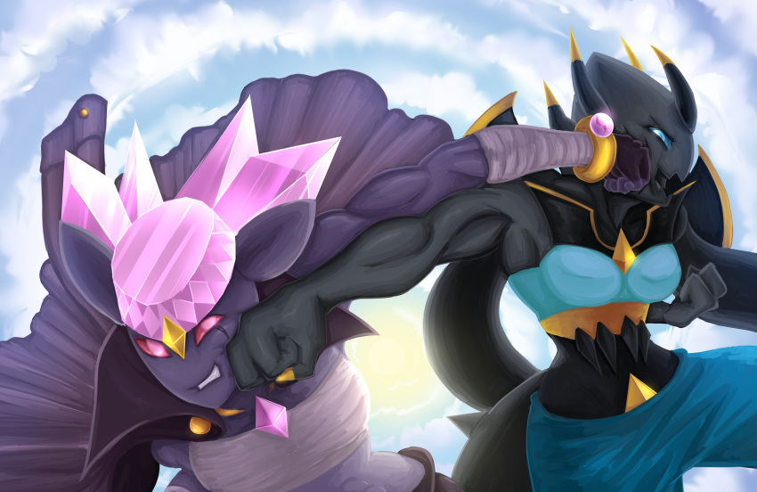 anthro barbearian beelza_(velociripper) diancie doja_(velociripper) fight guzzlord hi_res invalid_tag legendary_pok&eacute;mon nintendo pok&eacute;mon pok&eacute;mon_(species) tagme ultra_beast video_games