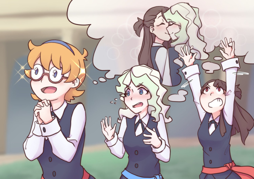 3girls blonde_hair blue_eyes blush brown_eyes brown_hair diana_cavendish flying_sweatdrops fourth_wall glasses gradient_hair grin hands_clasped kagari_atsuko kiss little_witch_academia lotte_jansson luna_nova_school_uniform multicolored_hair multiple_girls open_mouth orange_hair own_hands_together relationshipping school_uniform smile thought_bubble usbgrumble yuri