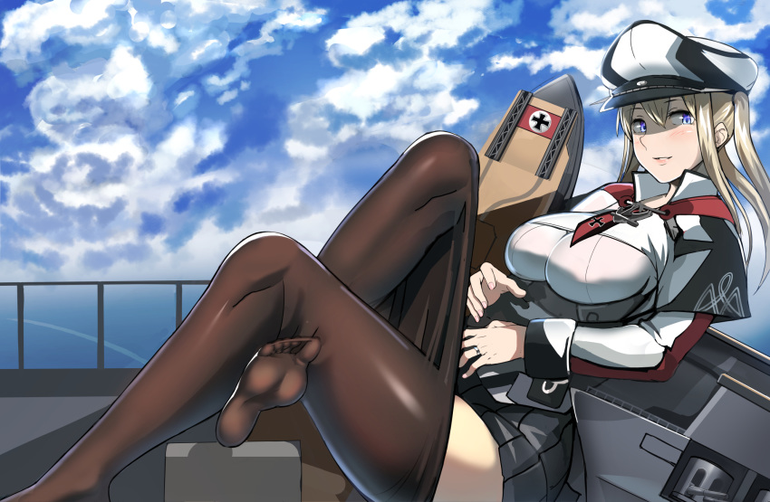 1girl anchor ayakumo black_legwear blonde_hair blue_eyes breasts capelet cloud cloudy_sky cross graf_zeppelin_(kantai_collection) grey_eyes grey_skirt hair_between_eyes hat highres impossible_clothes iron_cross jacket jewelry kantai_collection large_breasts machinery military military_hat military_uniform miniskirt necktie no_shoes pantyhose peaked_cap pleated_skirt reclining ring sidelocks skirt sky soles solo tsurime twintails uniform wedding_band white_headwear