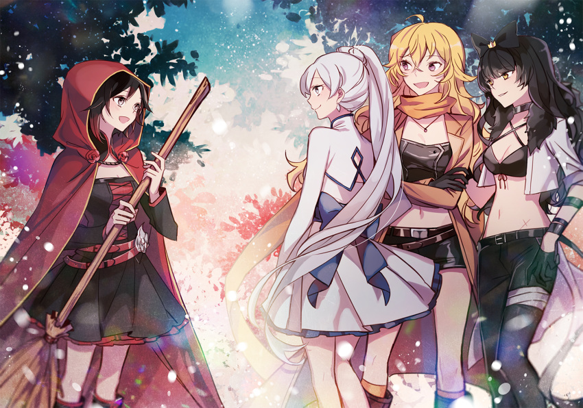 4girls :d ahoge bandaged_leg bandages black_bra black_dress black_gloves black_hair black_hairband black_pants black_ribbon black_shorts blake_belladonna blonde_hair blue_bow blurry_foreground bow bra breasts cape cleavage closed_mouth criss-cross_halter cropped_arms day dress earrings ecru floating_hair gloves gradient_hair grey_eyes hair_between_eyes hairband halterneck holding hood hood_up hooded jewelry long_hair long_sleeves medium_breasts midriff multicolored_hair multiple_girls navel open_mouth orange_scarf outdoors pants purple_eyes red_cape red_hair ribbon ruby_rose rwby scarf shiny shiny_clothes short_dress short_hair short_shorts shorts shrug_(clothing) side_ponytail silver_hair smile stomach underwear very_long_hair weiss_schnee yang_xiao_long yellow_eyes