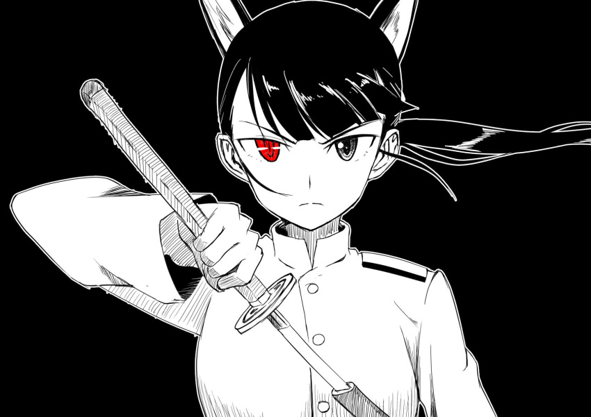 1girl animal_ears artist_request bangs black_background black_eyes black_hair blunt_bangs commentary_request extra_ears heterochromia highres katana long_hair long_sleeves looking_at_viewer military military_uniform ponytail red_eyes sakamoto_mio sheath solo strike_witches sword uniform unsheathing weapon world_witches_series