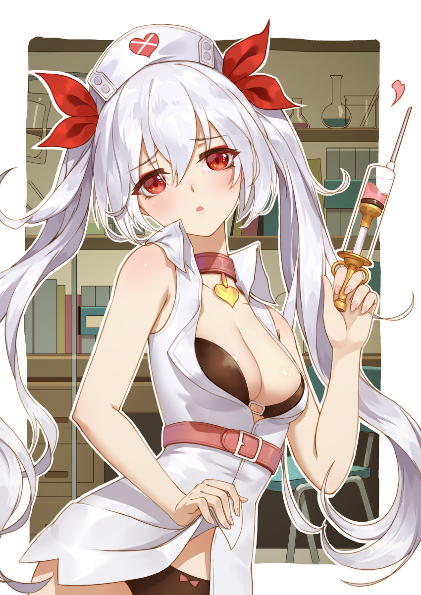 1girl :&lt; absurdres azur_lane bangs bare_arms bare_shoulders black_bra black_panties blush bow bow_panties bra breasts cleavage collar collarbone collared_shirt commentary_request fingernails hair_between_eyes hair_ribbon hat heart heart_collar highres indoors lifted_by_self long_hair looking_at_viewer medium_breasts moonofmonster no_pants nurse nurse_cap open_mouth panties red_eyes red_ribbon ribbon shirt shirt_lift silver_hair sleeveless solo standing syringe twintails underwear vampire_(azur_lane) white_shirt