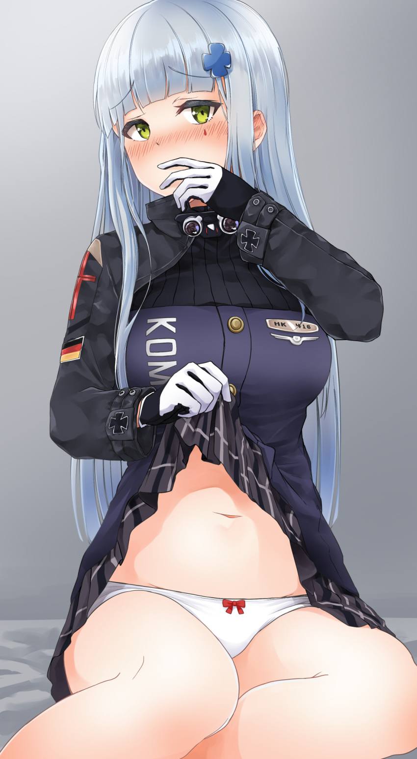1girl bare_legs black_skirt blush breasts buttons covering_mouth cross_hair_ornament facial_mark fuente girls_frontline gloves goggles goggles_around_neck green_eyes hair_ornament highres hk416_(girls_frontline) jacket large_breasts long_hair long_sleeves looking_at_viewer miniskirt navel nose_blush panties pleated_skirt purple_jacket sidelocks silver_hair sitting skirt skirt_lift solo underwear uniform white_panties