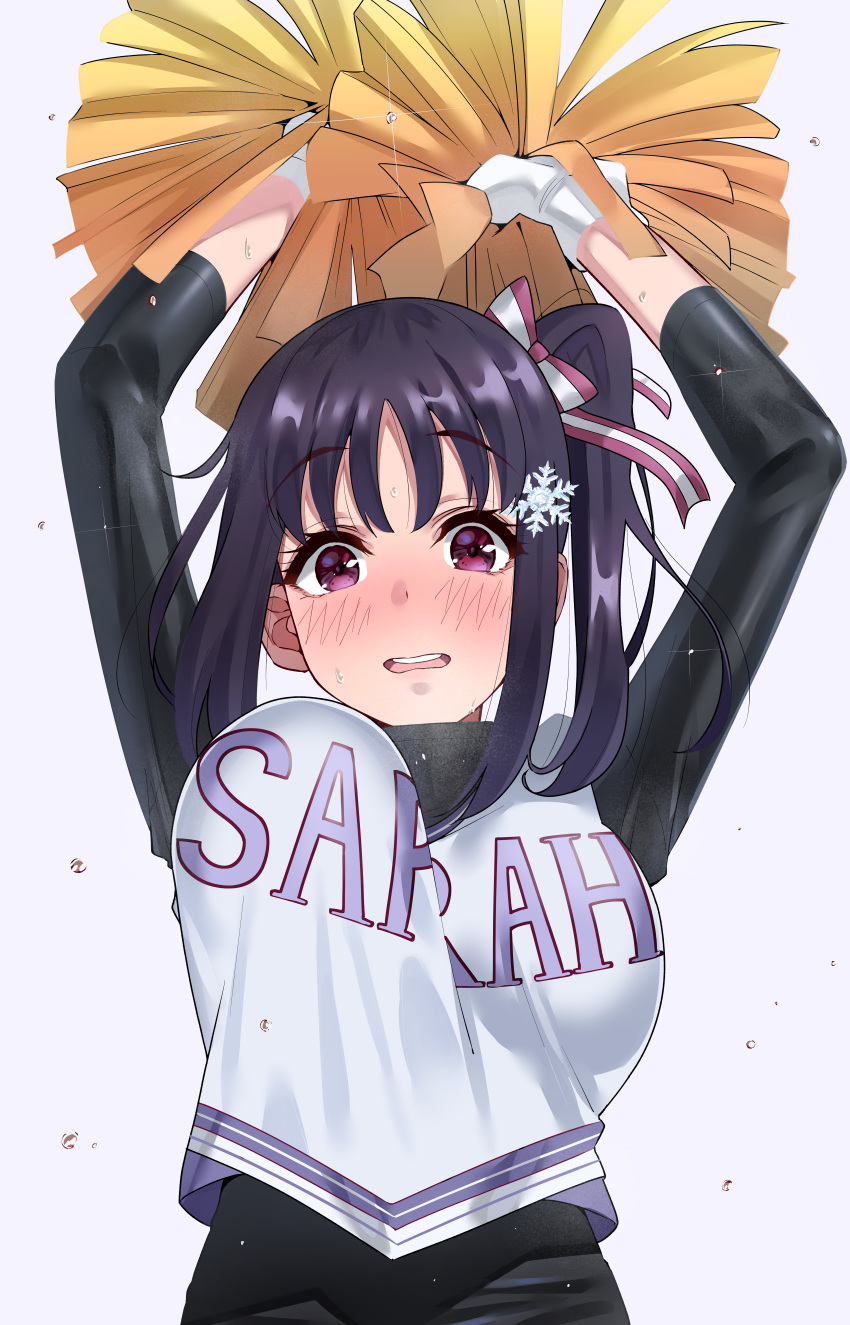 1girl absurdres arm_up armpits bangs blush breasts cheerleader clothes_writing commentary_request hair_ornament hair_ribbon hairclip highres huge_filesize igarashi_kyouhei kazuno_sarah large_breasts looking_at_viewer love_live! love_live!_school_idol_project love_live!_sunshine!! open_mouth ouendan pom_poms purple_eyes purple_hair ribbon saint_snow shirt side_ponytail sleeveless sleeveless_shirt smile solo