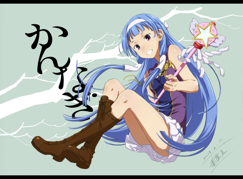 1girl absurdres bangs blue_hair blunt_bangs flat_chest hair_tubes hairband highres kannagi long_hair nagi pleated_skirt purple_eyes skirt solo wand wei_cheng white_skirt