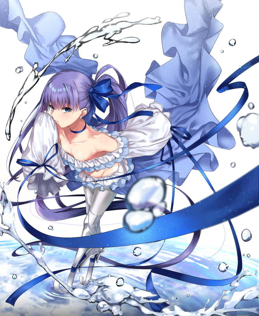 1girl bare_shoulders blue_bow blue_eyes bow breasts bubble choker cleavage collarbone earrings eyebrows_visible_through_hair fate/grand_order fate_(series) flat_chest frills groin hair_bow highres jewelry long_hair looking_at_viewer meltryllis meltryllis_(swimsuit_lancer)_(fate) midriff nishimi_shin prosthesis prosthetic_leg purple_hair side_ponytail sleeves_past_wrists solo very_long_hair water