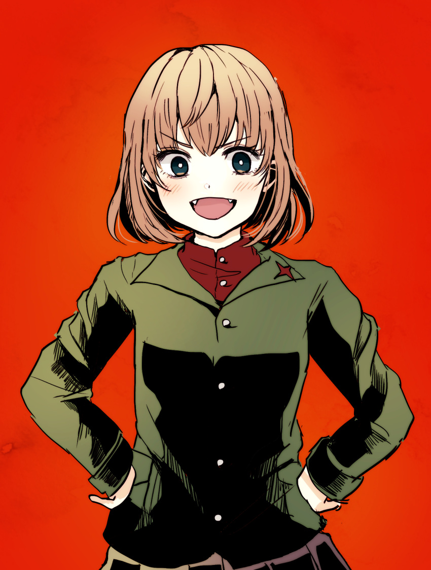 1girl :d arai_ako bangs black_skirt blonde_hair blue_eyes bright_pupils commentary eyebrows_visible_through_hair fangs girls_und_panzer green_jacket highres insignia jacket katyusha light_blush long_sleeves looking_at_viewer open_mouth pleated_skirt pravda_school_uniform red_background red_shirt school_uniform shirt short_hair simple_background skirt smile solo standing turtleneck v-shaped_eyebrows white_pupils