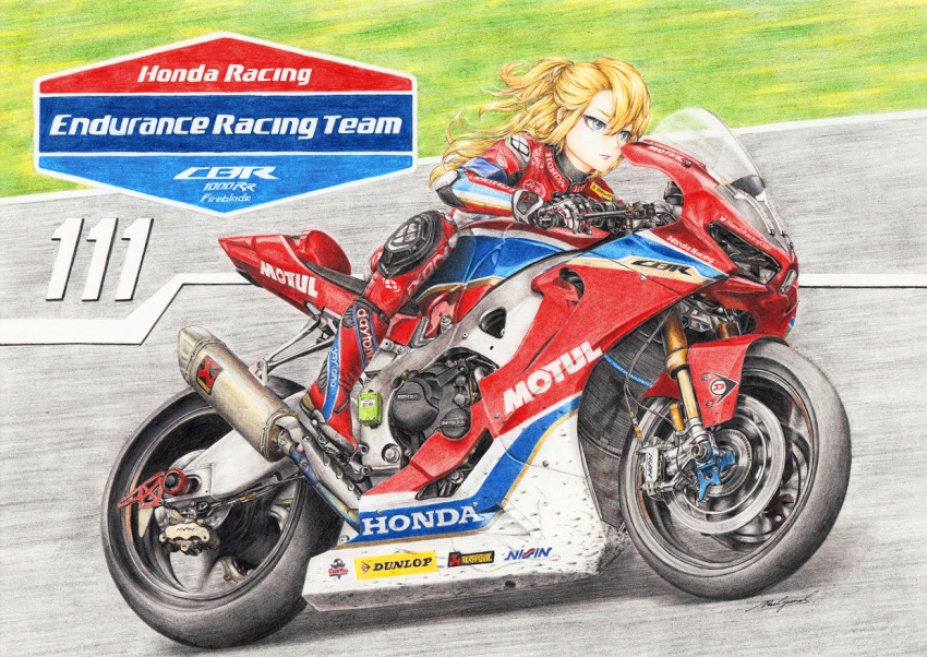 1girl biker_clothes bikesuit blonde_hair blue_eyes boots colored_pencil_(medium) ground_vehicle honda motor_vehicle motorcycle original ponytail rpracing thigh_boots thighhighs traditional_media