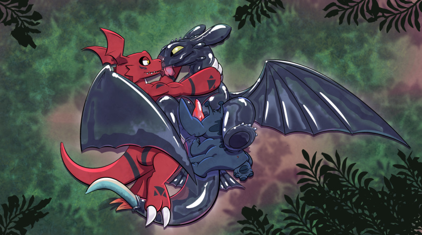 alien anus clothing digimon digimon_(species) dinosaur disney dragon dreamworks forest guilmon how_to_train_your_dragon invalid_tag lilo_and_stitch male penis reptile respecies rubber scalie stitch_(lilo_and_stitch) suit toothless transformation tree wings