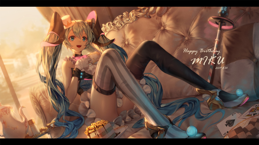 1girl :d bangs bare_shoulders black_footwear black_legwear blue_eyes blue_hair blue_vest blurry blurry_background breasts cake card character_name club_(shape) commentary_request couch cup dated depth_of_field eyebrows_visible_through_hair food gloves hair_between_eyes hair_ornament hand_up happy_birthday hat hatsune_miku highres holding holding_cup indoors ji_dao_ji knees_up letterboxed long_hair microphone mini_hat mini_top_hat mismatched_footwear mismatched_legwear on_couch open_mouth pillow playing_card saucer shirt shoes sitting slice_of_cake small_breasts smile solo spade_(shape) striped striped_legwear teapot thighhighs tilted_headwear top_hat twintails vertical-striped_legwear vertical_stripes very_long_hair vest vocaloid white_footwear white_gloves white_headwear white_shirt