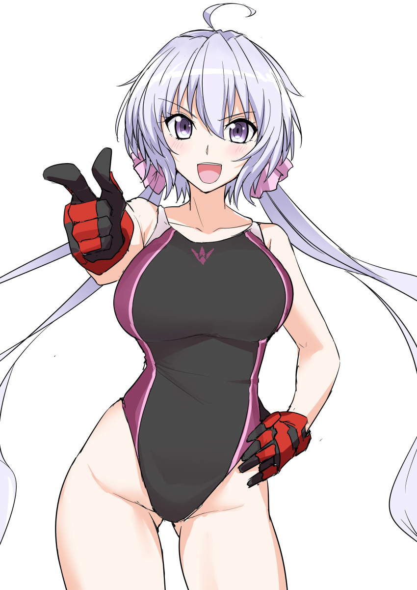 1girl absurdres ahoge ass_visible_through_thighs black_gloves black_swimsuit commentary_request contrapposto foreshortening gloves hand_on_hip harukon_(halcon) highleg highleg_swimsuit highres lavender_hair looking_at_viewer low_twintails open_mouth pointing purple_eyes senki_zesshou_symphogear simple_background smile solo swimsuit twintails white_background yukine_chris