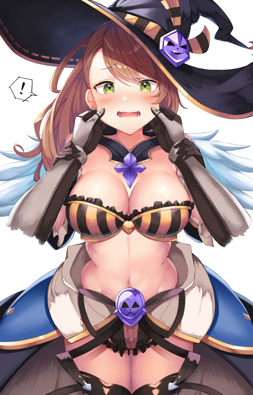 ! 1girl absurdres arm_grab armor arms_up bandeau bangs bare_shoulders beatrix_(granblue_fantasy) black_gloves black_headwear black_shorts blush breasts brown_hair cheek_pinching cleavage cowboy_shot crop_top embarrassed eyebrows_visible_through_hair faulds frilled frills gloves granblue_fantasy green_eyes hands_on_another's_arms hands_on_another's_cheeks hands_on_another's_face hands_up hat highres large_breasts long_hair looking_at_viewer midriff navel open_mouth pinching ponytail pov pov_hands revealing_clothes short_shorts shorts showgirl_skirt simple_background solo spoken_exclamation_mark stomach strapless surprised teeth thighhighs thighs tube_top white_background witch_hat yamato_(muchuu_paradigm)