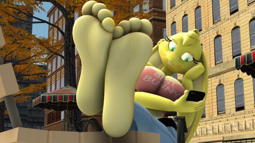 3d_(artwork) 4_toes anthro barefoot big_breasts bottomwear breasts buckteeth cellphone cleavage clothed clothing digital_media_(artwork) english_text female foot_focus fur green_eyes hi_res jeans jenn_(zp92) lagomorph leporid mammal pants phone rabbit solo teeth text toes yellow_fur zp92