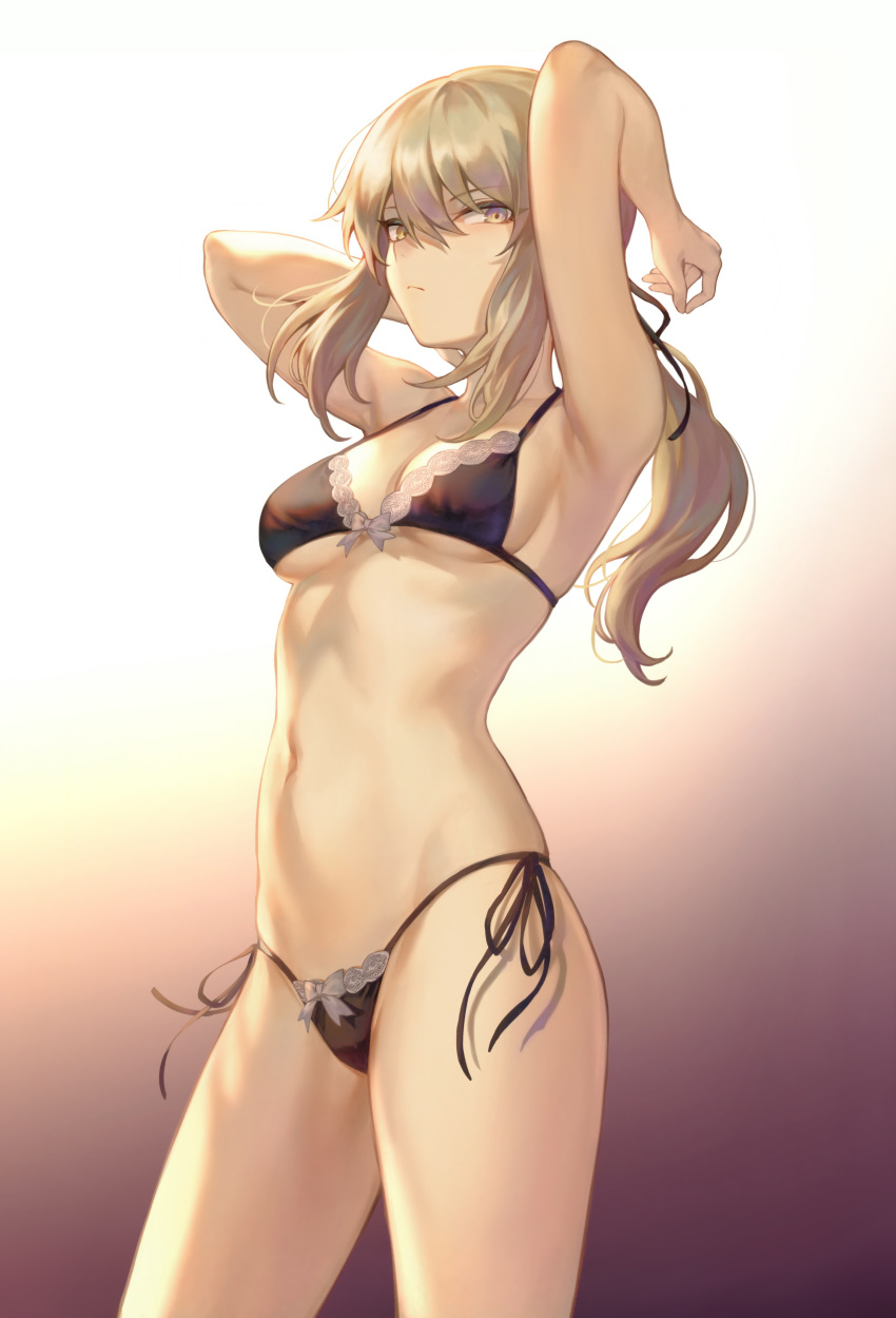 1girl absurdres armpits arms_up artoria_pendragon_(all) bangs bare_shoulders black_bra black_panties blonde_hair bow bow_bra bow_panties bra breasts cleavage collarbone expressionless eyebrows_visible_through_hair fate/grand_order fate/stay_night fate_(series) g-string gradient gradient_background hair_between_eyes hair_ribbon highleg highleg_panties highres lingerie long_hair looking_at_viewer mashuu_(neko_no_oyashiro) medium_breasts navel panties ribbon saber_alter scan side-tie_panties sidelocks skindentation solo string_bra string_panties thighs thong tsurime underwear underwear_only yellow_eyes