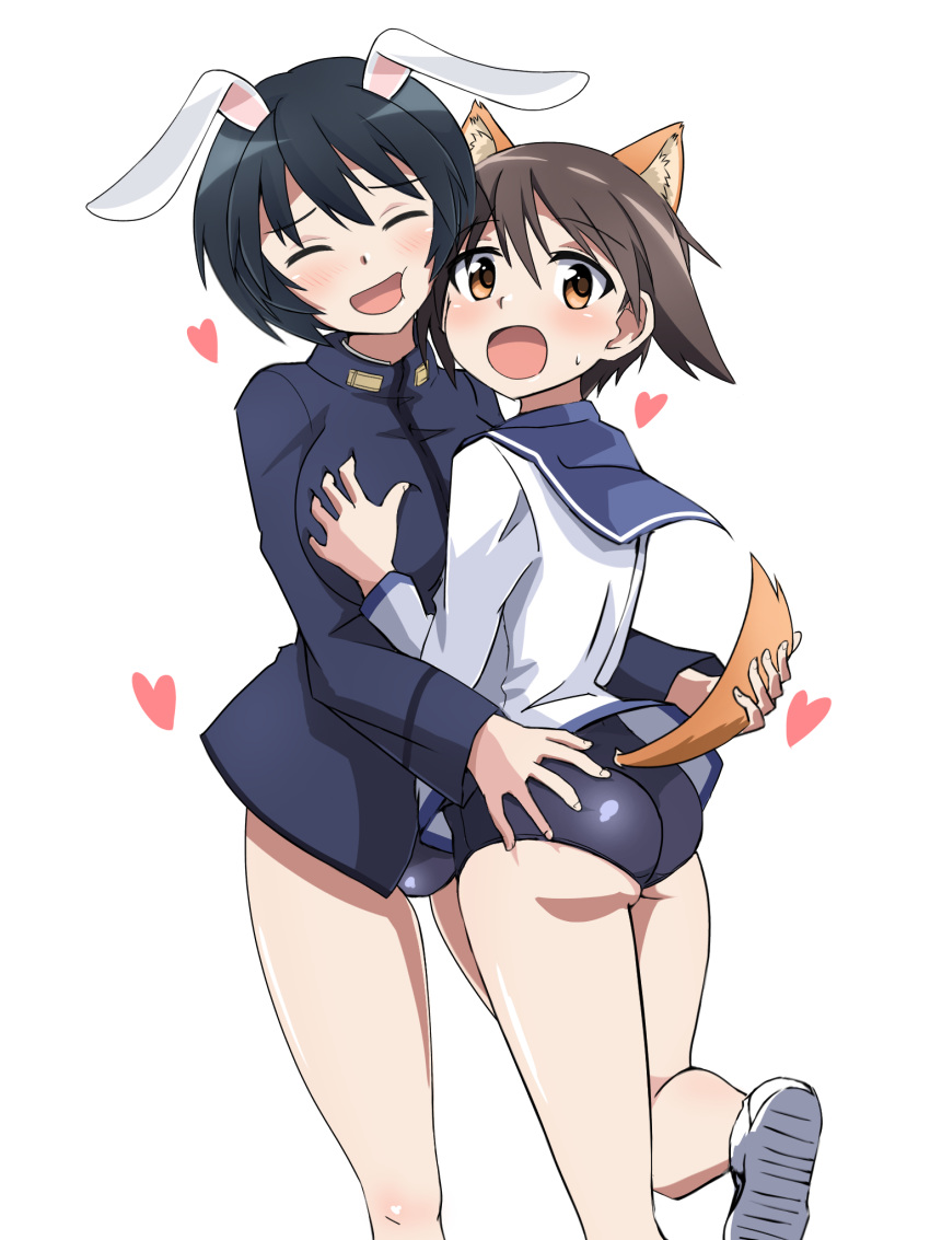 2girls animal_ears ass black_hair blush brave_witches breast_grab breasts brown_eyes bunny_ears closed_eyes dog_ears dog_tail dress eyebrows_visible_through_hair grabbing highres large_breasts looking_back military military_uniform miyafuji_yoshika multiple_girls open_mouth sailor_dress shimohara_sadako shiny shiny_clothes shiny_hair shiny_skin short_hair simple_background smile strike_witches swimsuit swimwear tail uniform vr46 white_background world_witches_series yuri